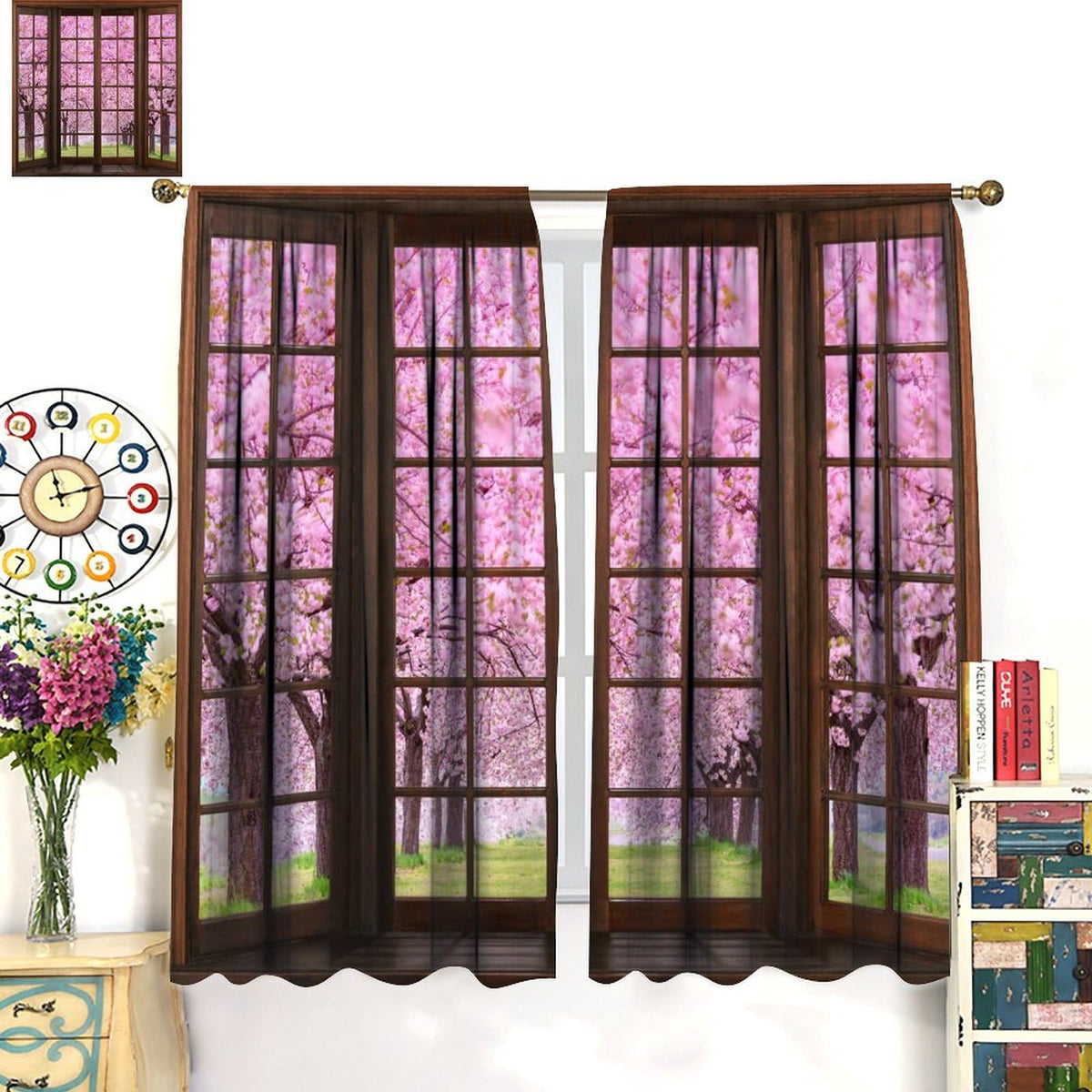 Mchenxin Cherry Blossom Landscape Curtains, Spring Natural Park Scenery Japanese Pink Pink Cherry Blossom Window Drapes Curtains for Farmhouse Bedroom Living Room, 42x45in (No Blackout)
