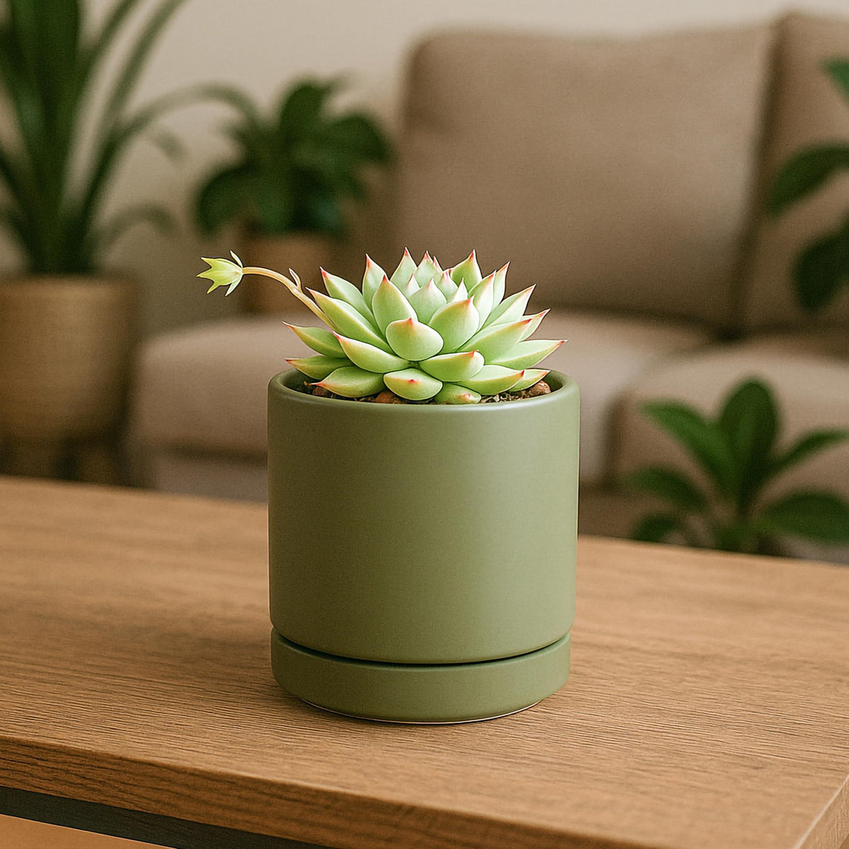 D'vine Dev Set of 4 Small Ceramic Plant Pots, 3.5 Inch Succulent Planter Pot for Plants with Drainage Hole and Saucer, Olive, 94-X-A-0
