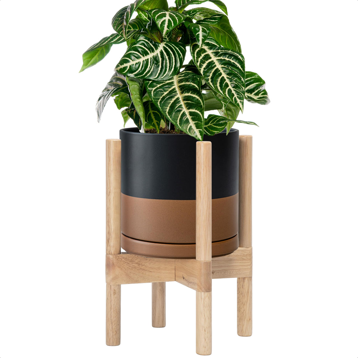 D'vine Dev Ceramic Planter with Natural Stand - 8 Inch Modern Round Flower Pot with Wood Planter Holder, Black/Speckled Tan, 55-B-N-7