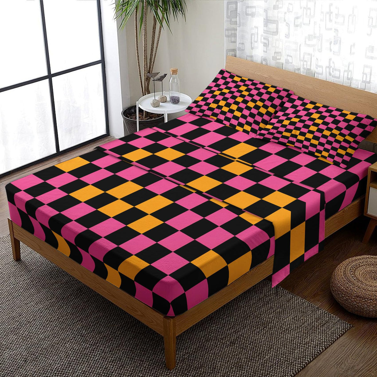 NOGAWA Retro Checkered Sheets King Size, 70s Geometric Bed Sheets, Y2k 2000s Bedding Sheets, Pillowcases 4 Piece Set, Microfiber Deep Pocket Fitted Sheet, Flat Sheet, 2 Pillow Cases
