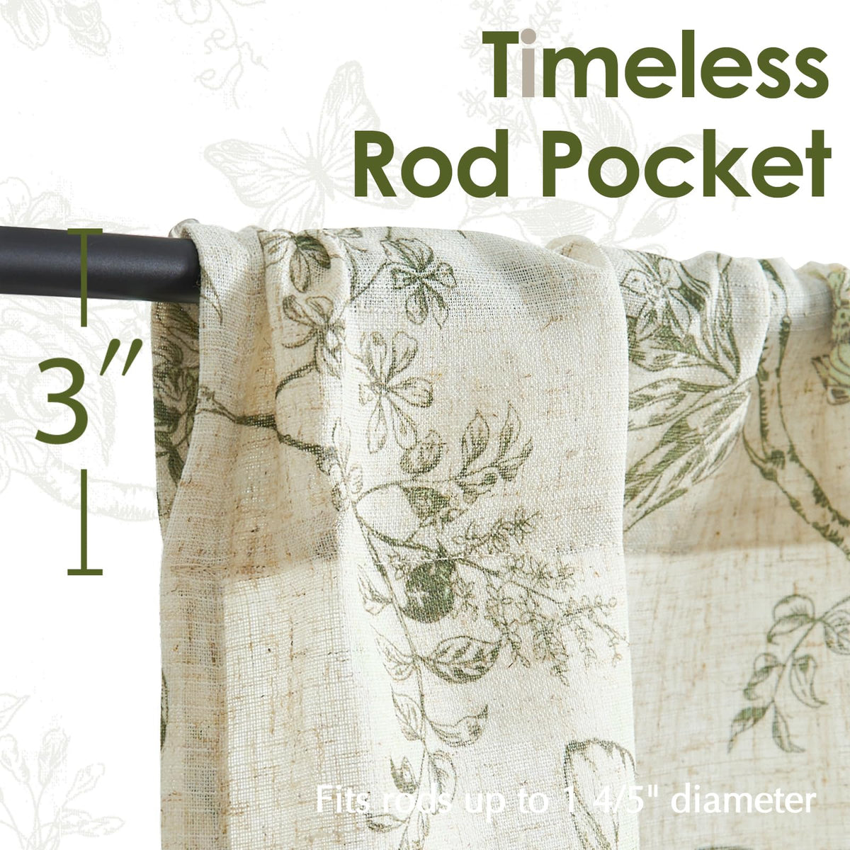 Lazzzy Linen Floral Kitchen Curtains 36 Inch Long, Green Farmhouse Kitchen Window Rustic Country Small Curtains Rod Pocket Tiers, Set of 2, Green on Beige