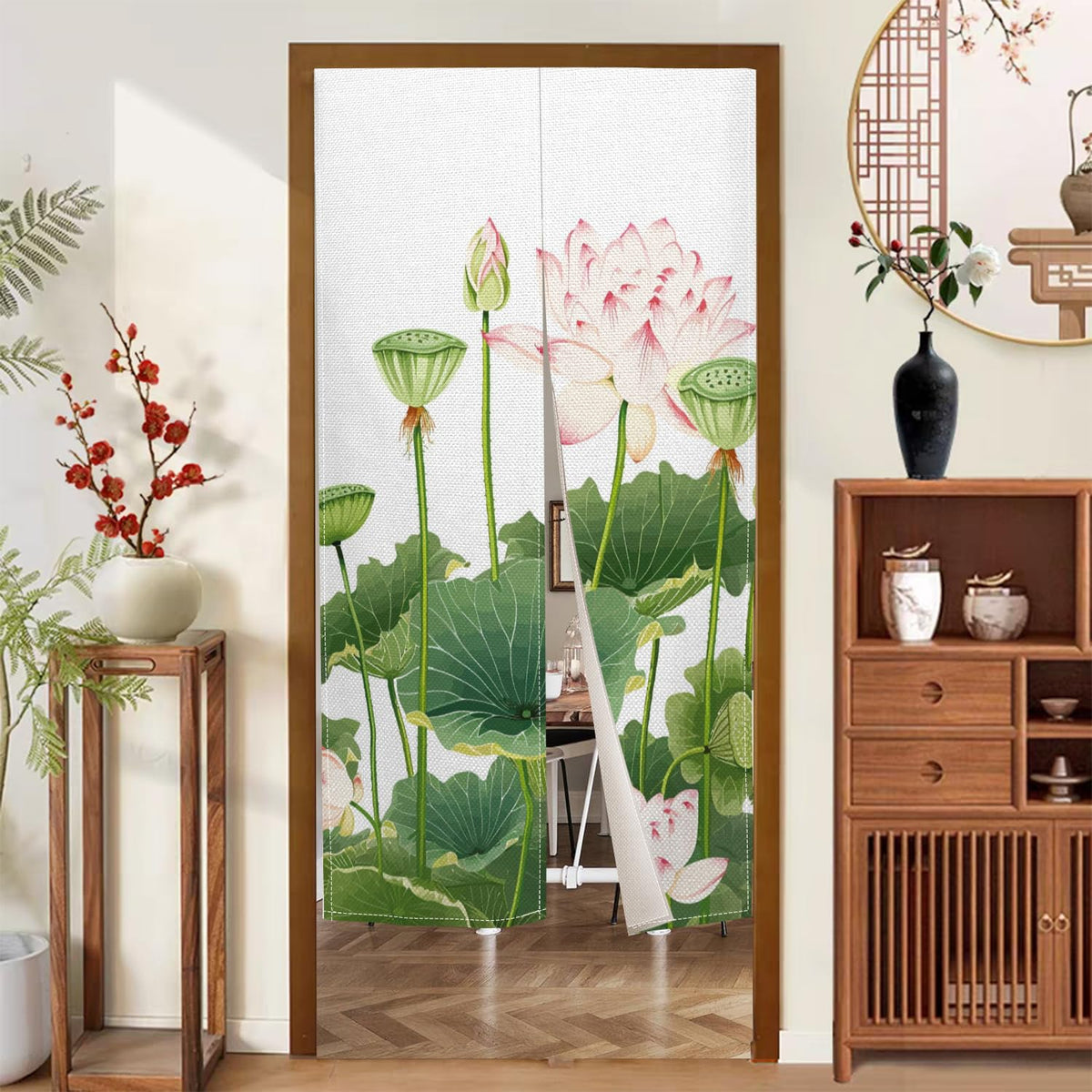 XMJJKUF Noren Japanese Doorway Curtain Chinese Traditional Lotus Printed Style Door Curtain Feng Shui Tapestry Window Bedroom Partition Kithchen Bathroom Door Decor,33.5"x 59"