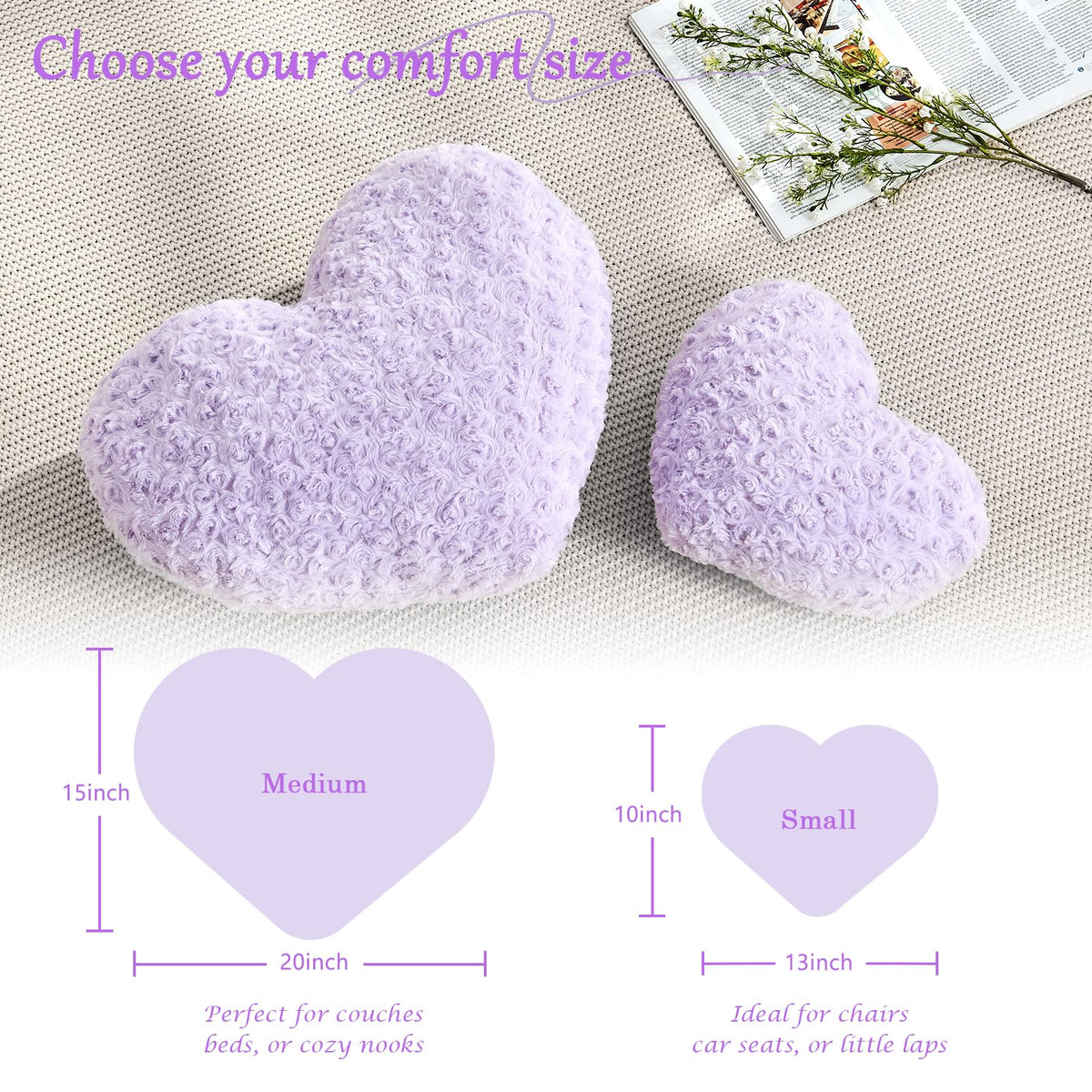 IREMATE Heart Pillow Purple Throw Pillows, Soft Fluffy Decorative Pillows for Bed Couch Chair, Cute Heart Shaped Room Decor Gifts for Valentine Anniversary Birthday Mothers Christmas (Medium, 20"x15")