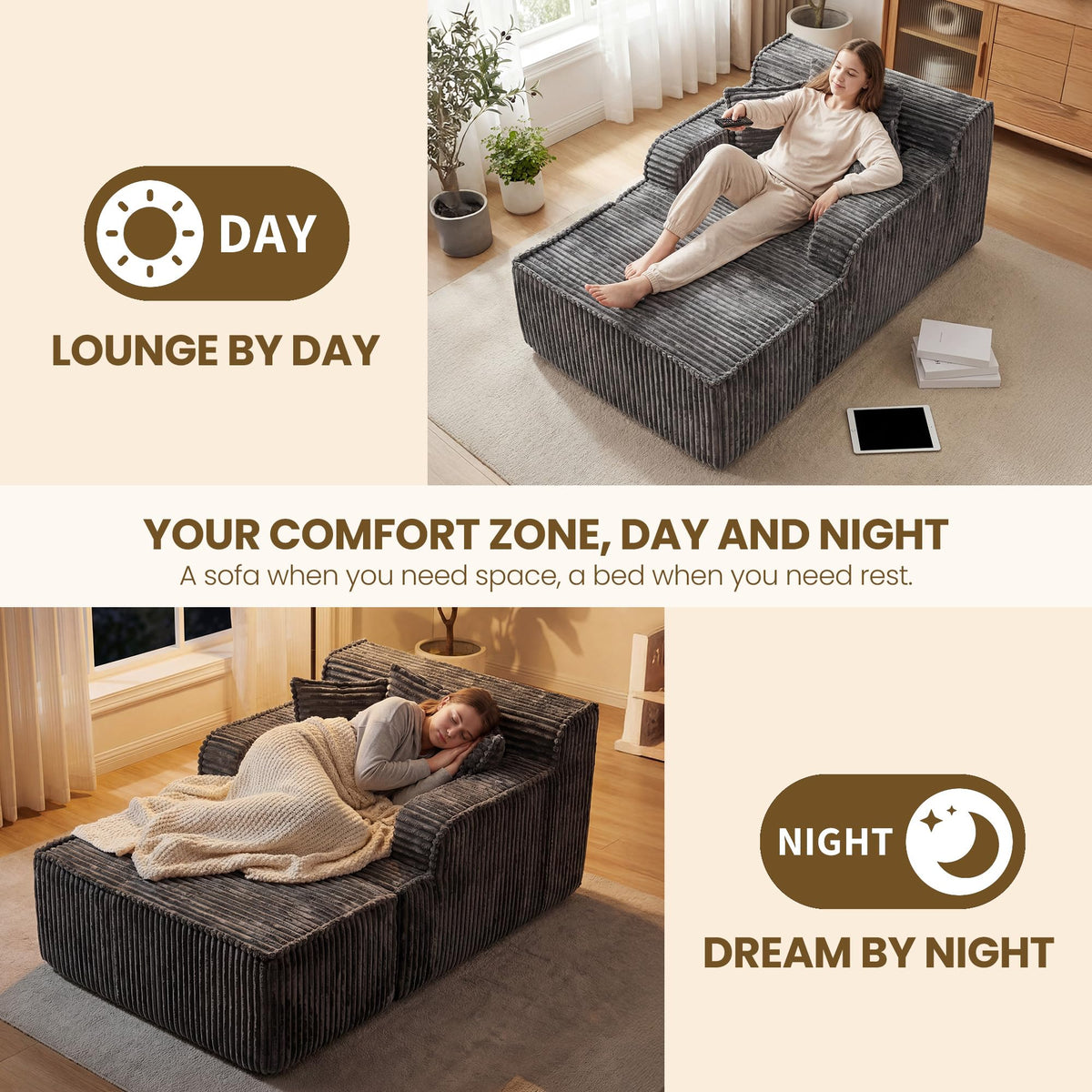 feliz home Chaise Lounge Chair Indoor,Boneless Chair with Ottoman,Comfy Reading Chair for Adults,Small Sofa Bed Couch for Living Room,Single Sleeper Chair Bed,Grey
