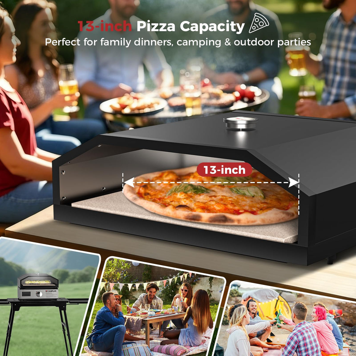 CAMPLUX Portable Propane Grill & Pizza Oven Combo, 11,000 BTU Tabletop Gas Griddle with 17" Pizza Oven Kit and Cordierite Stone, Compact Outdoor Mini Oven for Crispy Pizza, Camping, RV & Tailgating