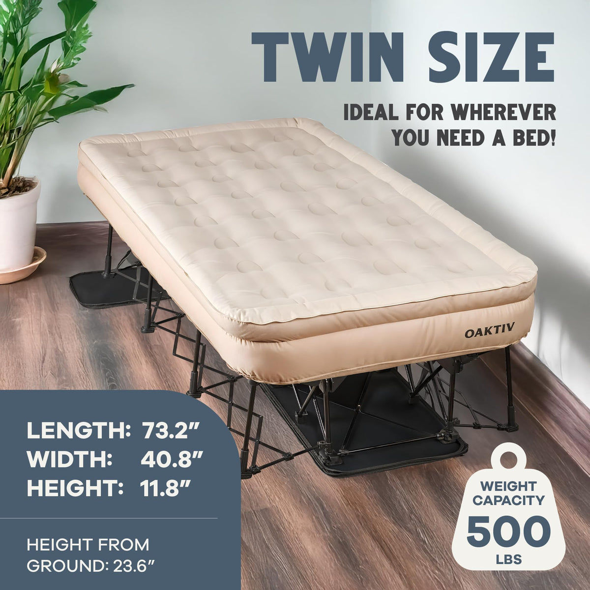 Oaktiv Twin Air Mattress with Frame, Self Inflating/Deflating Bed for Adults - PeakRest Blow Up Bed, Camping Cot with Mattress - Portable with Travel Rolling Case on Wheels