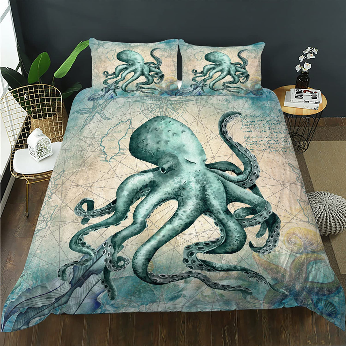 CVHOUSE Octopus Duvet Cover King Size,Sea Animal Mediterranean Style Design Bedding Set,Ocean Octopus Comforter Cover for Kids Teens,1 Duvet Cover 2 Pillowcases 3 Piece