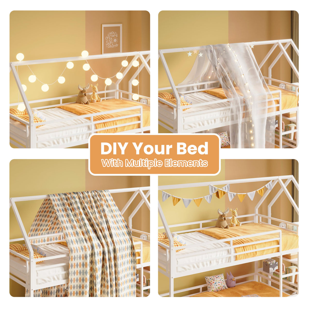 LIKIMIO Bunk Bed, Twin Bunk Beds with 3-Tier Storage Bookshelf, Bunk Bed Twin Over Twin, Metal House Bed Ladder and Safety Guardrail for Bedroom, Space Saving, No Box Spring Needed, White