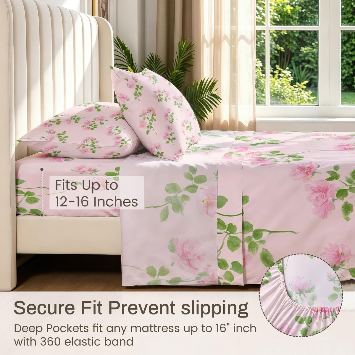 Pink Flower California King Sheet Set Botanical Flat Fitted Sheet Sets