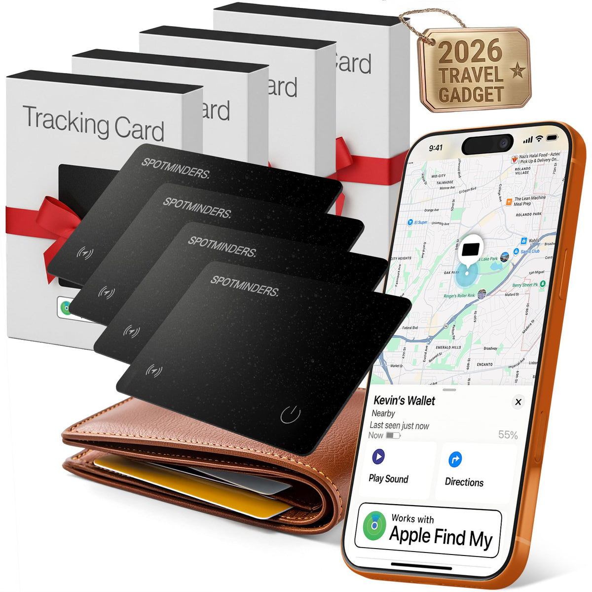 SPOTMINDERS Apple MFI Certified Wallet Tracking Card Black 4-Pack - Works with Apple Find My Rechargeable Tracker IP68 Waterproof 0.07in Slim iPhone Item Finder for Luggage Passport Dad Gifts for Him