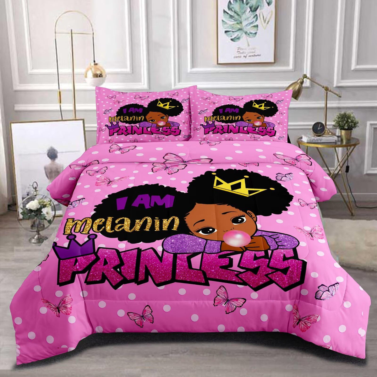 GRAT TIOC Little Black Girl Comforter Sets Twin Size,Black Girl Magic Bedding Set,Cute Little Princess Comforter Set for Kids Melanin Bedroom Bed Sets
