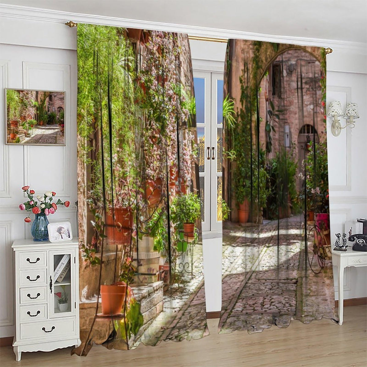 Italy Town Decor Curtain, Rustic Italian Street Sun Stone Alley Green Plant Pink Flower Landscape Print Rod Pocket Window Drapes, for Bedroom Living Room Kitchen 42" W X 45" L