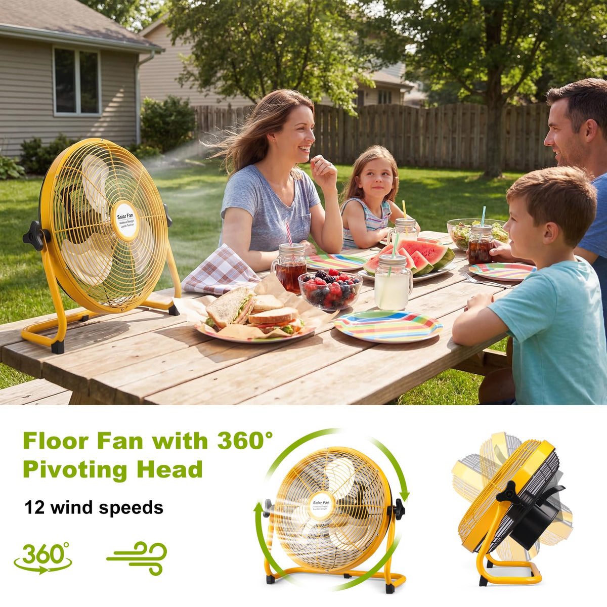 12'' Solar Powered Floor Fan Rechargeable, Long Lasting Portable Battery Operated Floor Fans with 12 Speeds, 20W Panel & AC Charging, 360° Tilt for Outdoor Camping, Chicken Coop, Garage (Yellow)