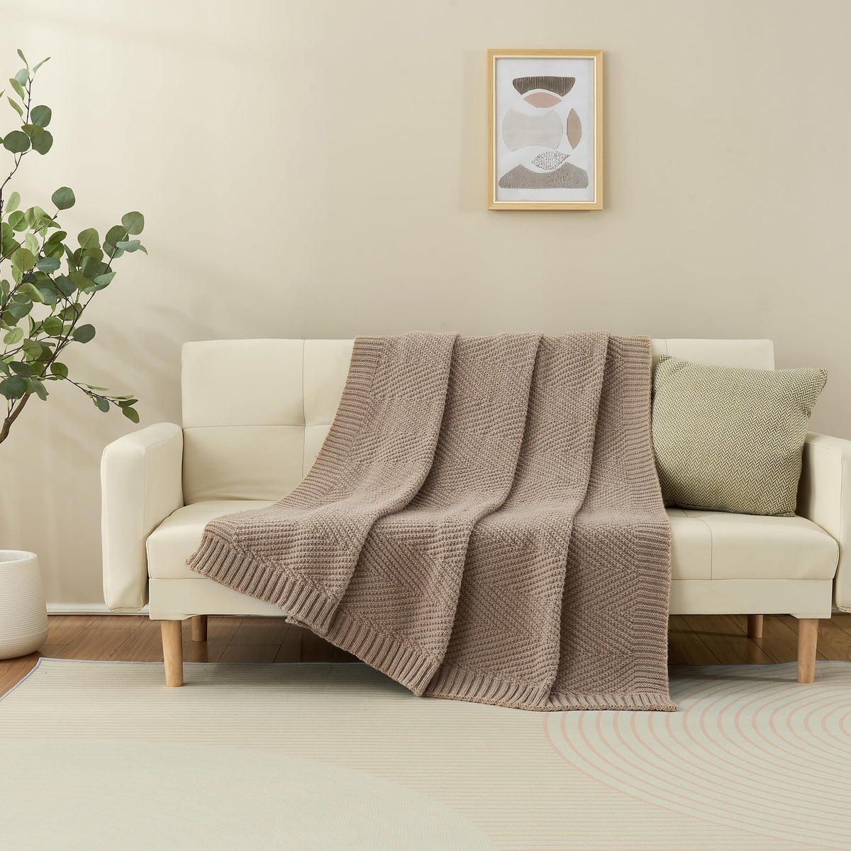 LONG CREATE Knitted Throw Blanket 50"X60", Taupe Knit Throws for Bed, Super Soft Boho Chevron Blankets for Couch Sofa Chair Room Decor, Textured Decorative Farmhouse Cozy Lightweight