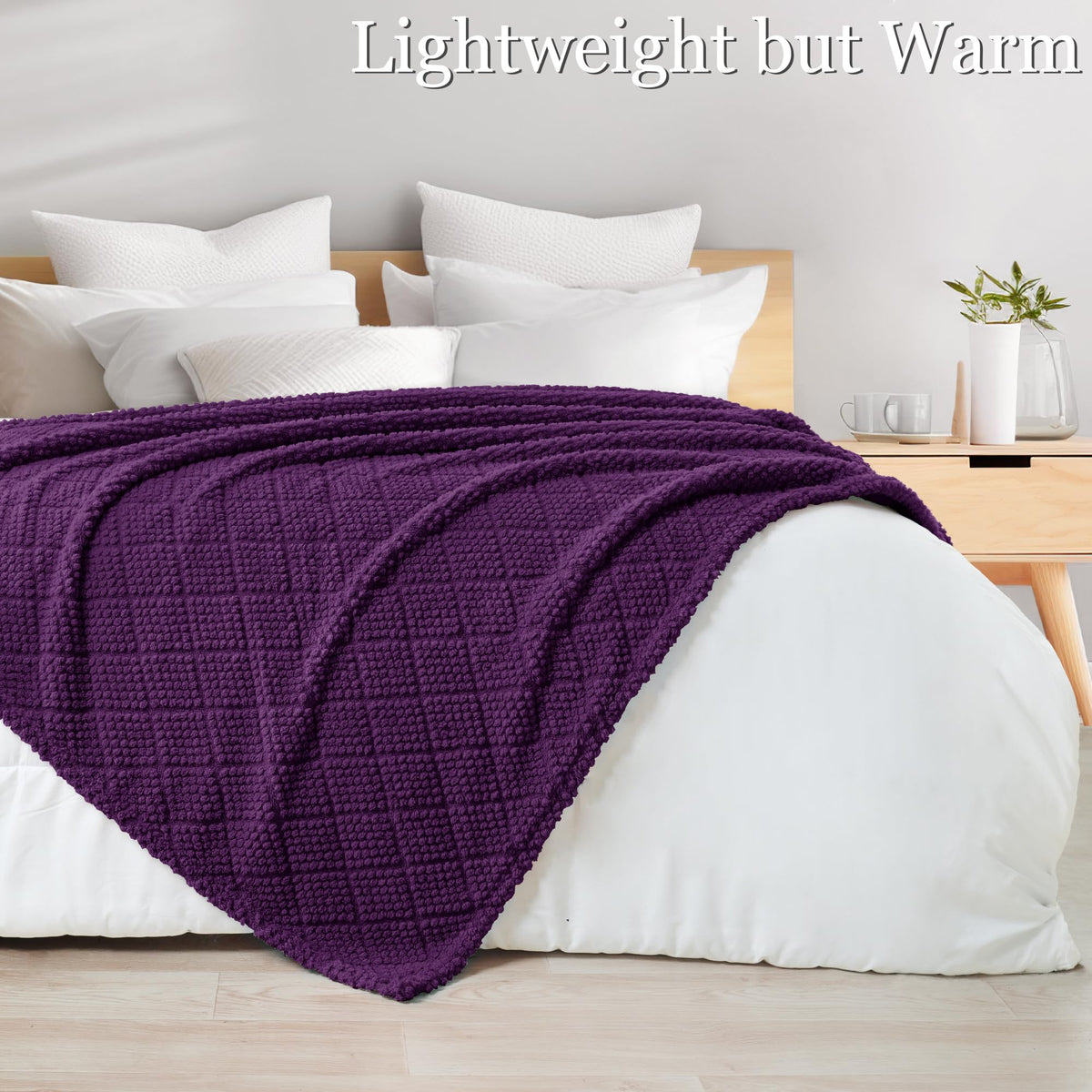 Whale Flotilla Fuzzy Fleece King Size Blanket for Bed, Soft Fluffy Jacquard Waffle Blankets for All Season, Lightweight and Cozy, 90x104 Inch, Purple