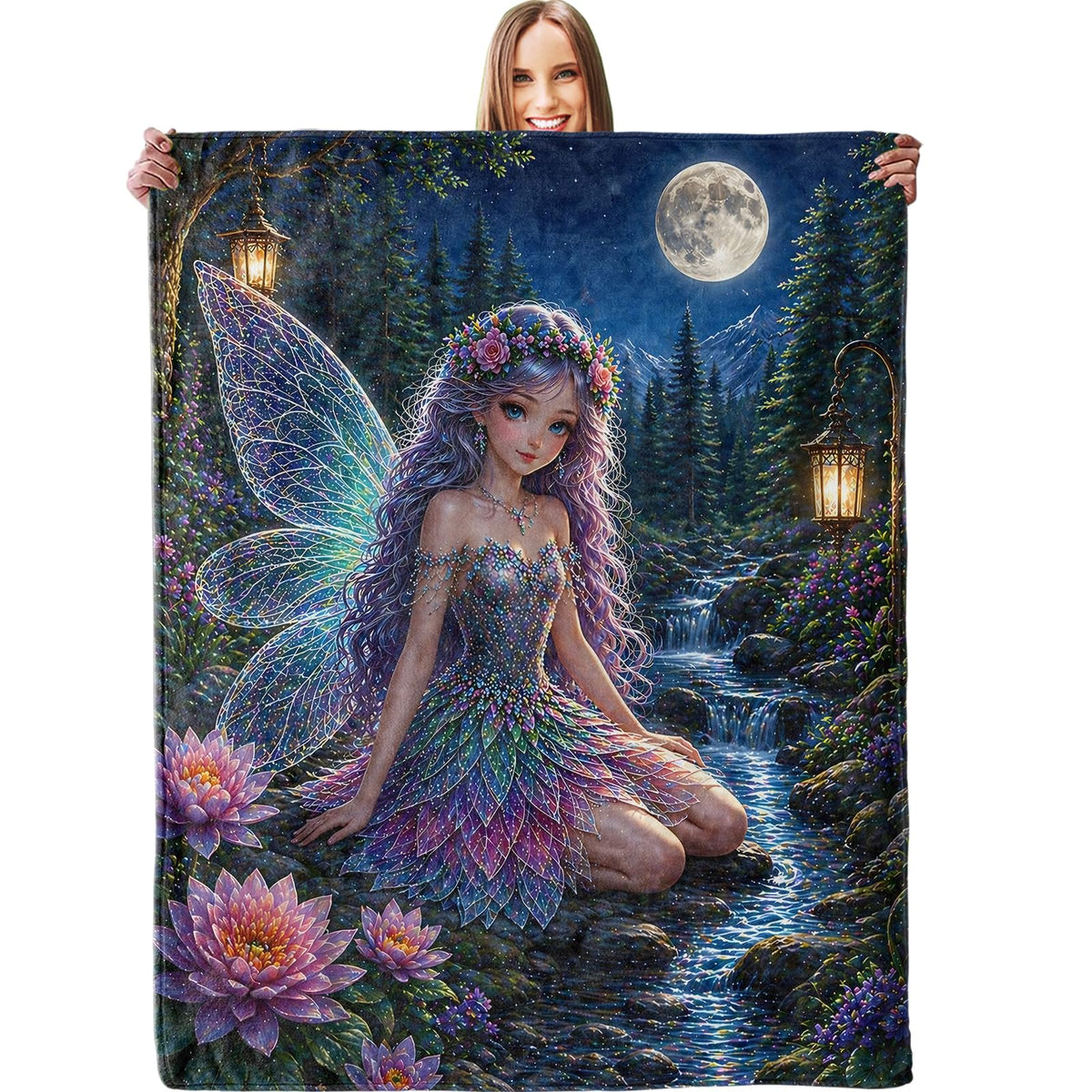 dhakalrlde Enchanted Fairy Blanket, Soft Moonlit Winged Girl Forest Stream Throw Blanket Gifts for Girls Women, Lightweight Warm Cozy 60×50 inch Flannel for Couch, Travel, Bed, Decor
