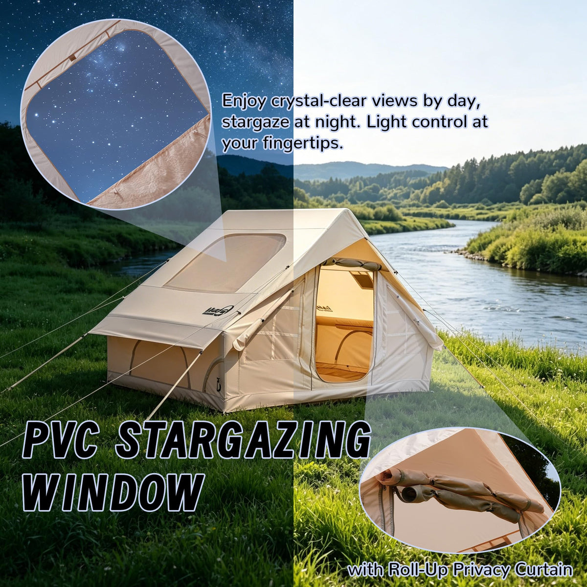 Inflatable Tent for Camping 4-6 Person-Blow Up Tent with Hand Pump-Oxford Waterproof Air Tent with Stove Jack – Portable Hot Tent for Family Glamping, Outdoor Festival（Quick Setup-5 Min for 4 Season）