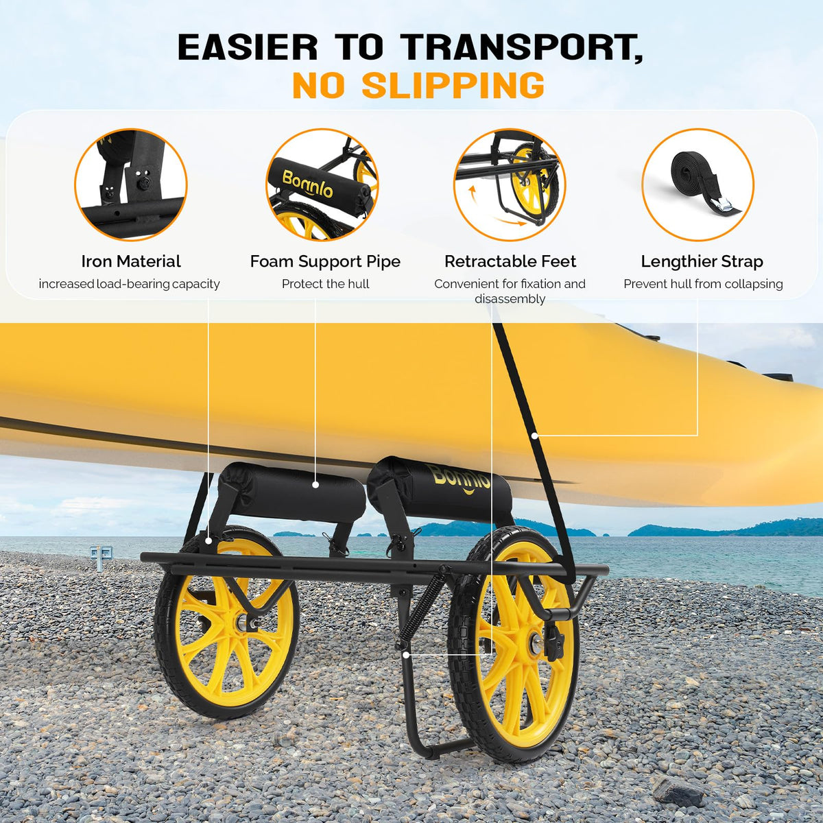 Bonnlo Durable Canoe Cart, All-Terrain Trolley Carrier with 15" Large Kayak Wheels, 330lbs Kayak Cart Dolly with Kickstand, Adjustable 4 Postions (8.66"-19.69") to Fit Kayaks, Canoes, and Small Boats