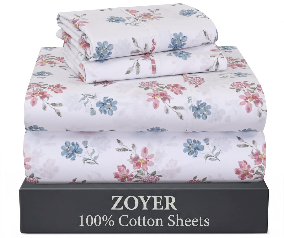 ZOYER 100% Cotton Sheets – Full Size Percale Bedding, Cooling & Breathable, Durable with a Crisp, Soft & Comfortable Feel, 16" Deep Pocket, 4-Piece Set, Flora Rhapsody