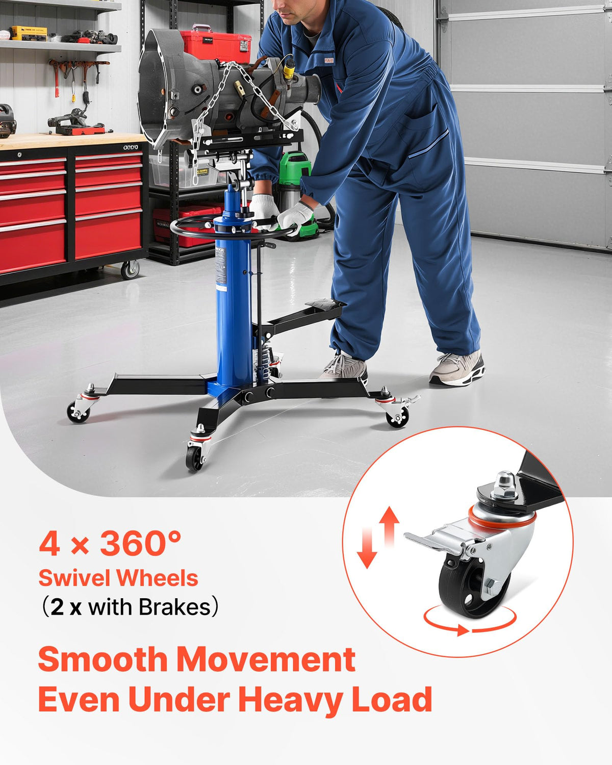 VEVOR Hydraulic Transmission Jack, 1660 lbs Capacity Hydraulic Telescopic Transmission Jack, 34.6-69.3 in High Lifting Height, 2-Stage Floor Jack Stand with Foot Pedal, 360° Swivel Wheel, Blue