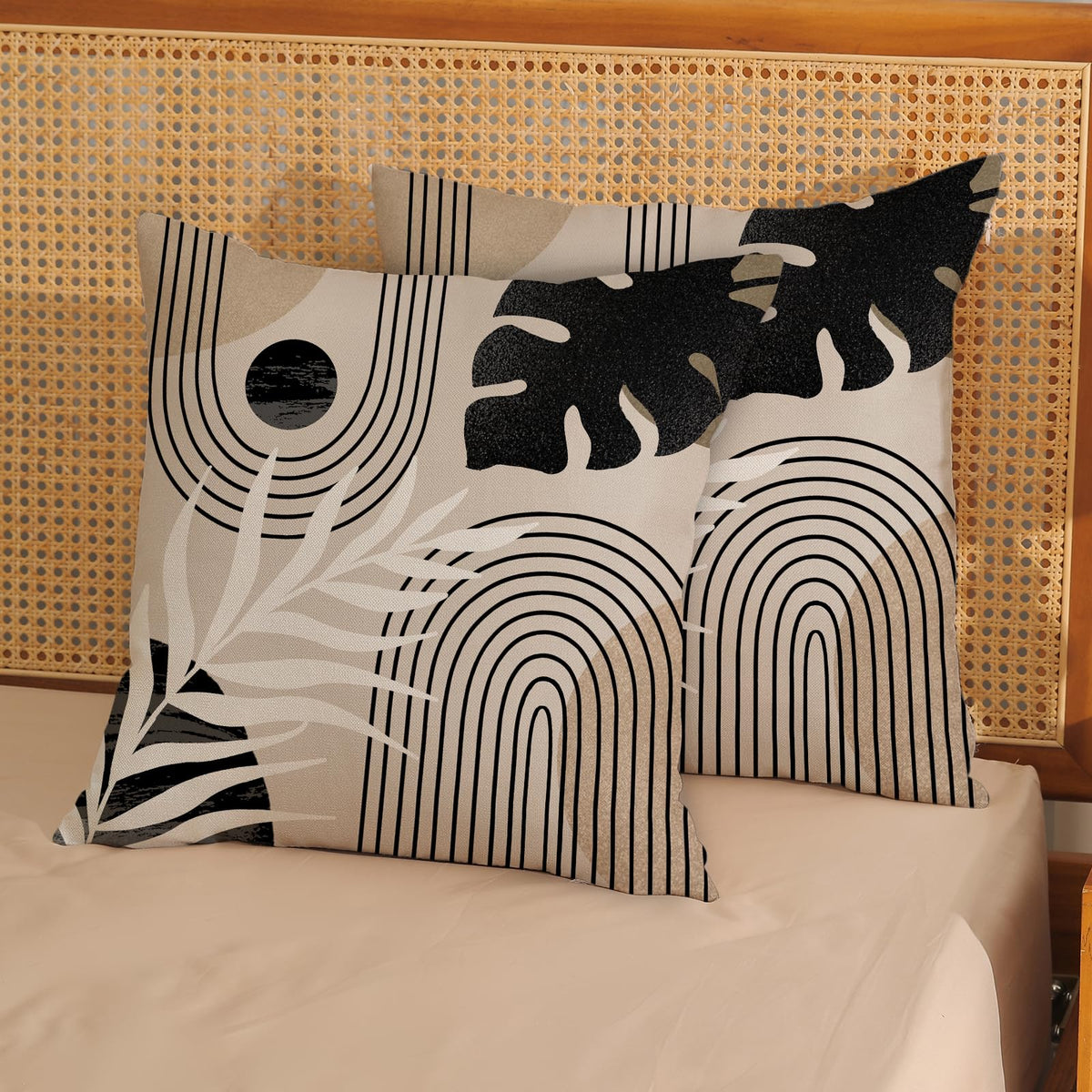 JEFERSO Boho Pillow Covers 18x18 Set of 2 Mid Century Black Beige Tropical Leaf Throw Pillow Covers Outdoor Decor Modern Abstract Decorative Pillow Cases Farmhouse Linen Cushion Case for Couch Sofa
