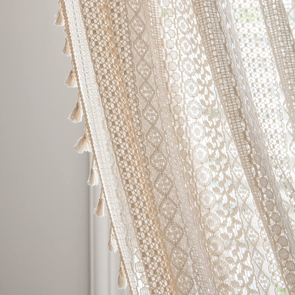 Sutuo Home Boho Curtains Crochet Lace Semi-Sheer Bohemian Hollow Knitted Handmade Tassels, Rod Pocket Window Treatment Vintage Rustic Farmhouse Drapes for Living Bedroom, 1 Panel 59" W x 63" L, Beige