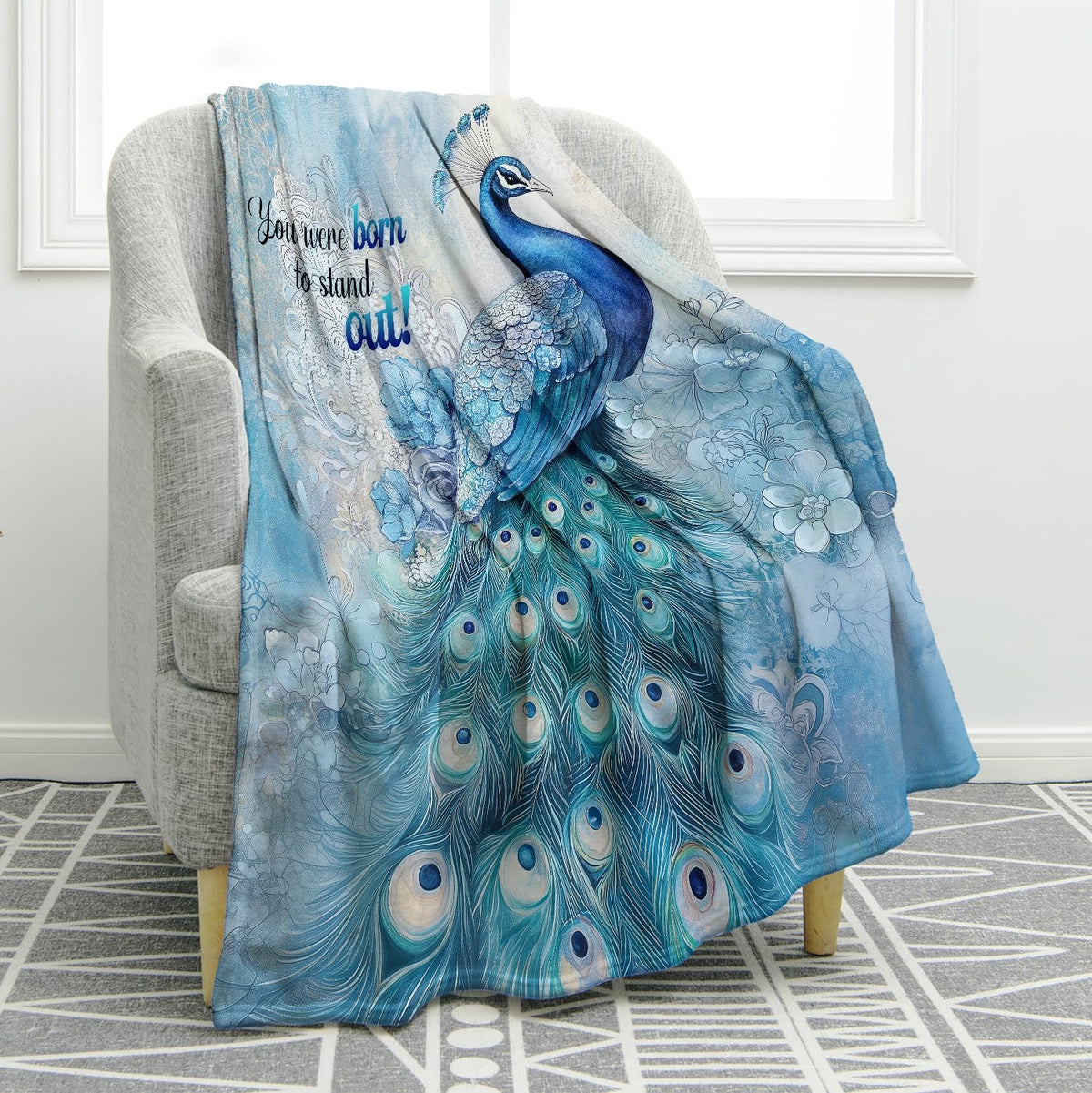 Jekeno Peacock and Floral Throw Blanket Gifts for Adult Kids, Inspirational Peacock Gifts for Women Men, You were Born to Stand Out - Peacocks Themed Decor for Home Bed Couch 50"X60"