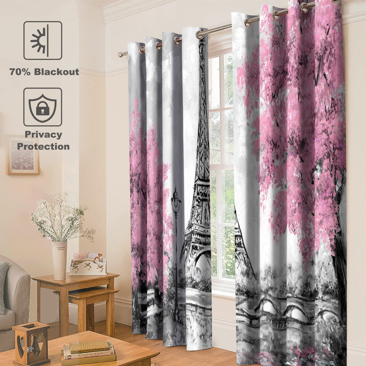 Jekeno Paris Eiffel Tower Blackout Curtains European City Scenery Pink Tree Black White Street Lights Print Decor Bedroom Living Room Darkening Grommet Window Drapes 2 Panel Set, 52"x 84"