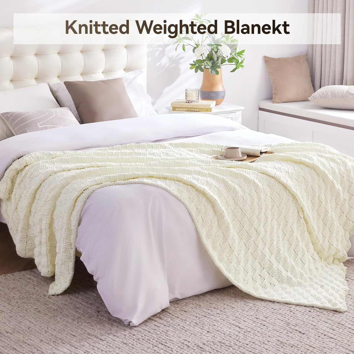 Wellfeel Knitted Weighted Blanket for Adult, No Beads Heavy Blanket 48” x 72'' 12lbs, Breathable Chunky Knit Blanket, Cooling Weighted Blanket for Hot Sleepers, Christmas Home Decor (Ivory White)