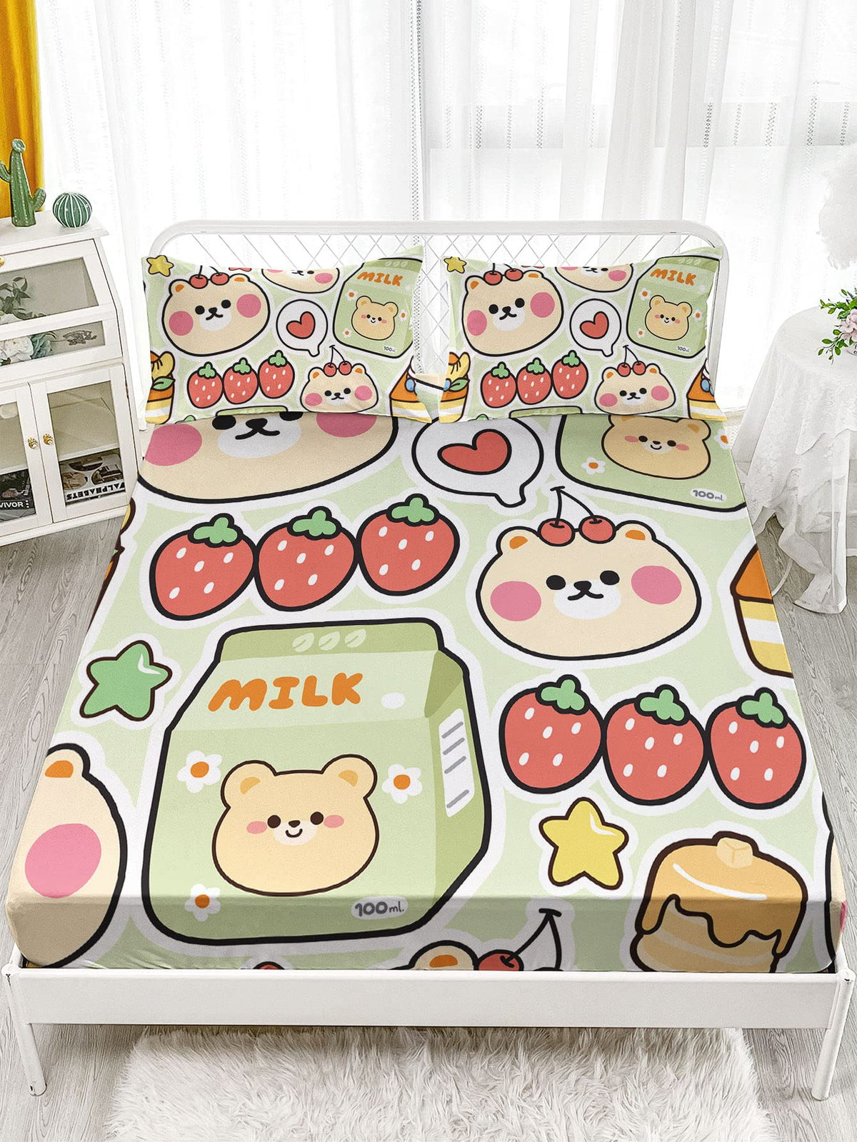 Datura home Kawaii Sheet Set 4Pcs Fitted and Flat Girls Strawberry Bear Printed with 1 + 2 Pillowcases(Kawaii Full), Full 81x97 inches