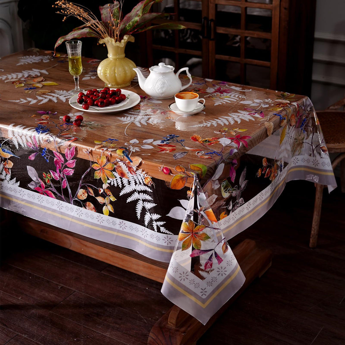 Artbloss Clear Table Cover Protector Vinyl Table Cloth Oil Spill Proof Vintage Rustic Plastic Table Covers for Dining Tables (Birds, 60 x 84 Inches)