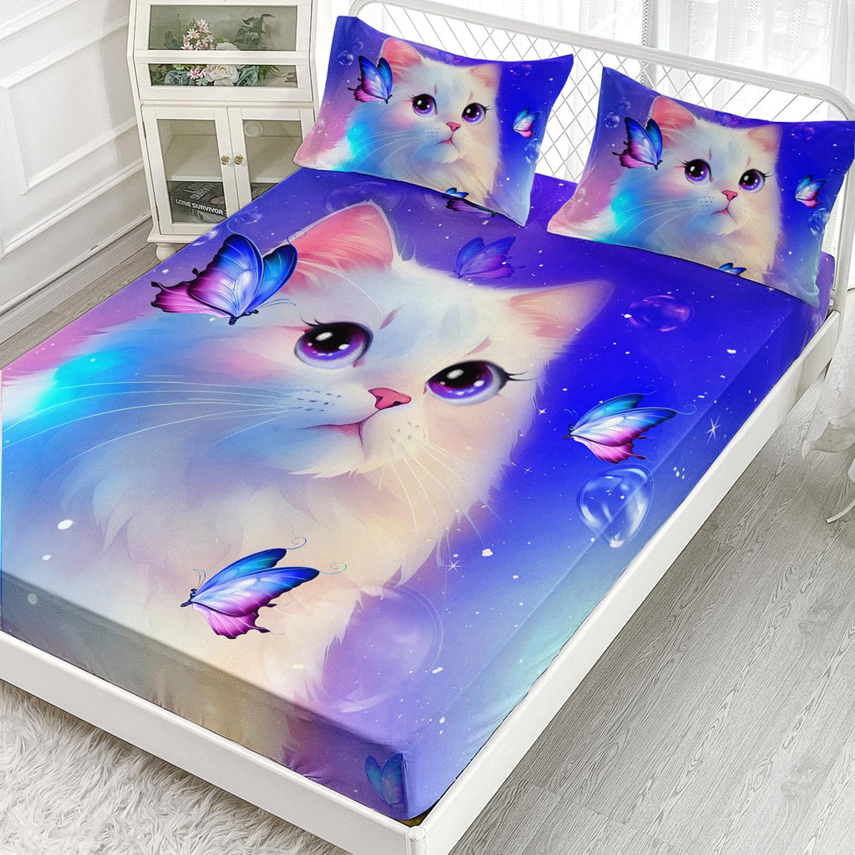 AILONEN Furry Cat Bed Sheet Twin Size, Cat & Butterflies Sheets for Kids Girls Animals Theme Dreamy Purple Bedding Set 3 Pieces Set, 1 Fitted Sheet and 2 Pillowcases