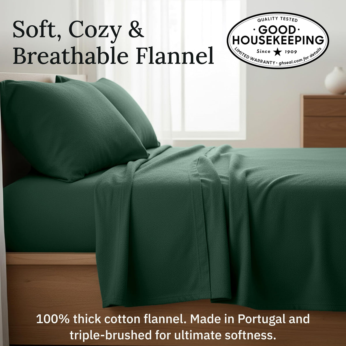 California Design Den Flannel Bed Sheets King Size Set - Made in Portugal 100% Cotton, Thick, Velvet Soft 4-Piece Flannel King Sheet Sets, Triple-Brushed with Extra Deep Pockets - Dark Green