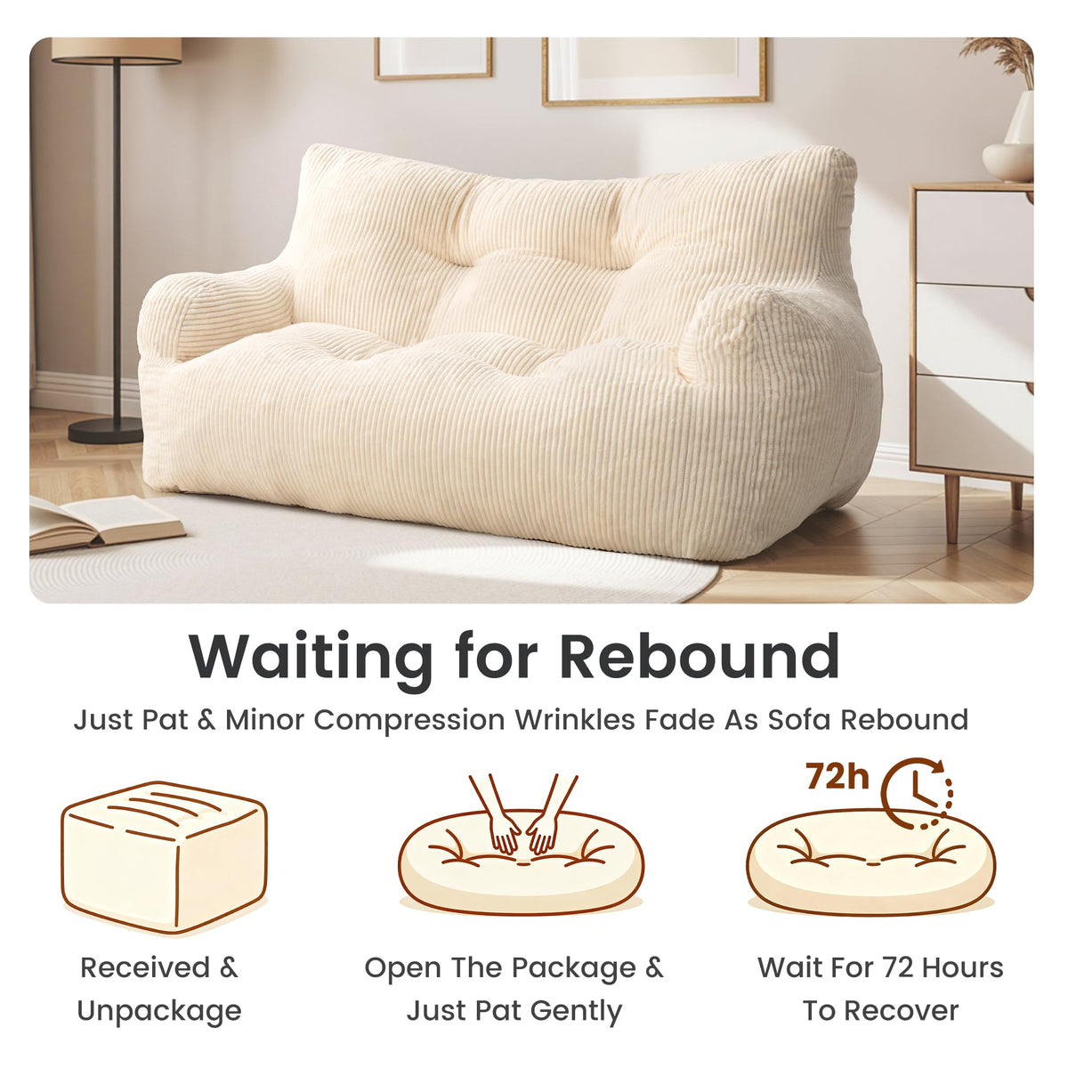 Fkhouse 59" Bean Bag Chair,2 Seat Loveseat Sofa,Corduroy Lazy Sofa Bed for Adults,Fit Living Room, Bedroom,Outdoor Spaces,Ultra Soft Dutch Velvet,Fluffy Comfort Cover,White
