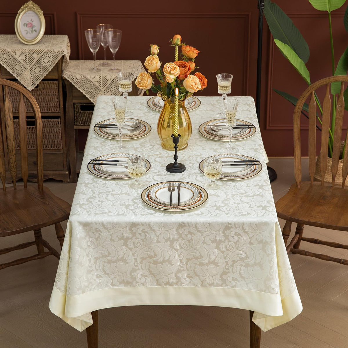 GLORY SEASON Emboss Style Textured Tablecloth Waterproof Solid Bordered Retro Tablecloths Classic Luxurious Washable Rectangle/Oblong Table Cloth,Kitchen Dinning Decor 60x84 Inch