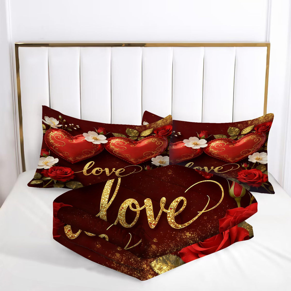 VTKON Love Heart Bedding Set Full Size 3 Piece Romantic Red Rose Comforter Set for Women Golden Glitter Love Bed Sets Valentine's Day Duvet with 1 Comforter 2 Pillow Cases