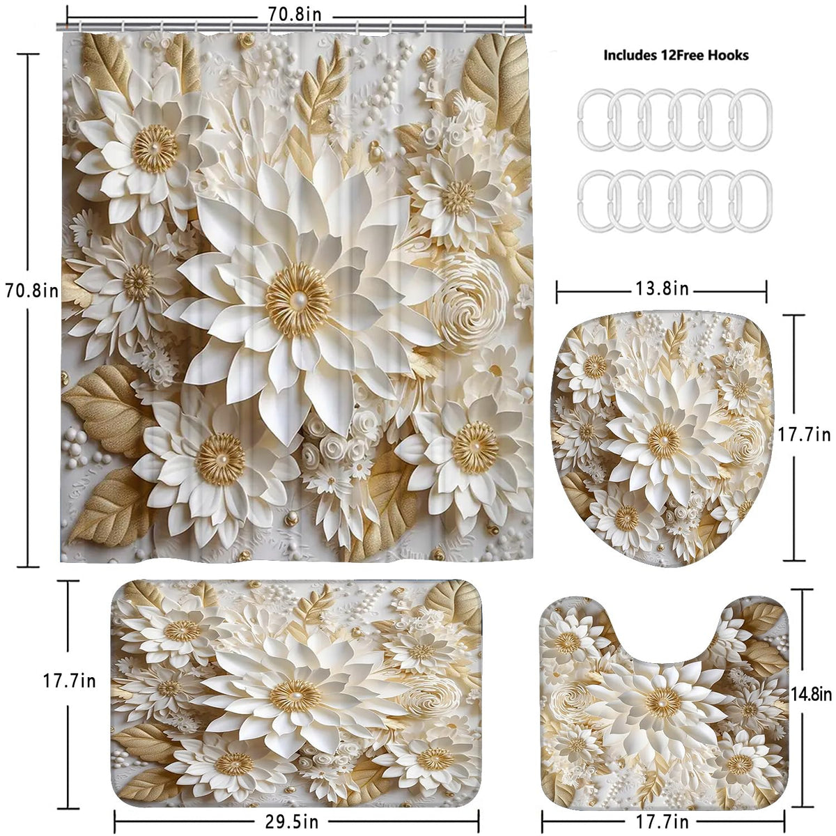 Chrainy 4Pcs 3D Floral Shower Curtain Sets Elegant White Blossom Flowers Bathroom Accessories Set Modern Minimalism Waterproof Spring Bathroom Decor with Rugs and 12 Hooks