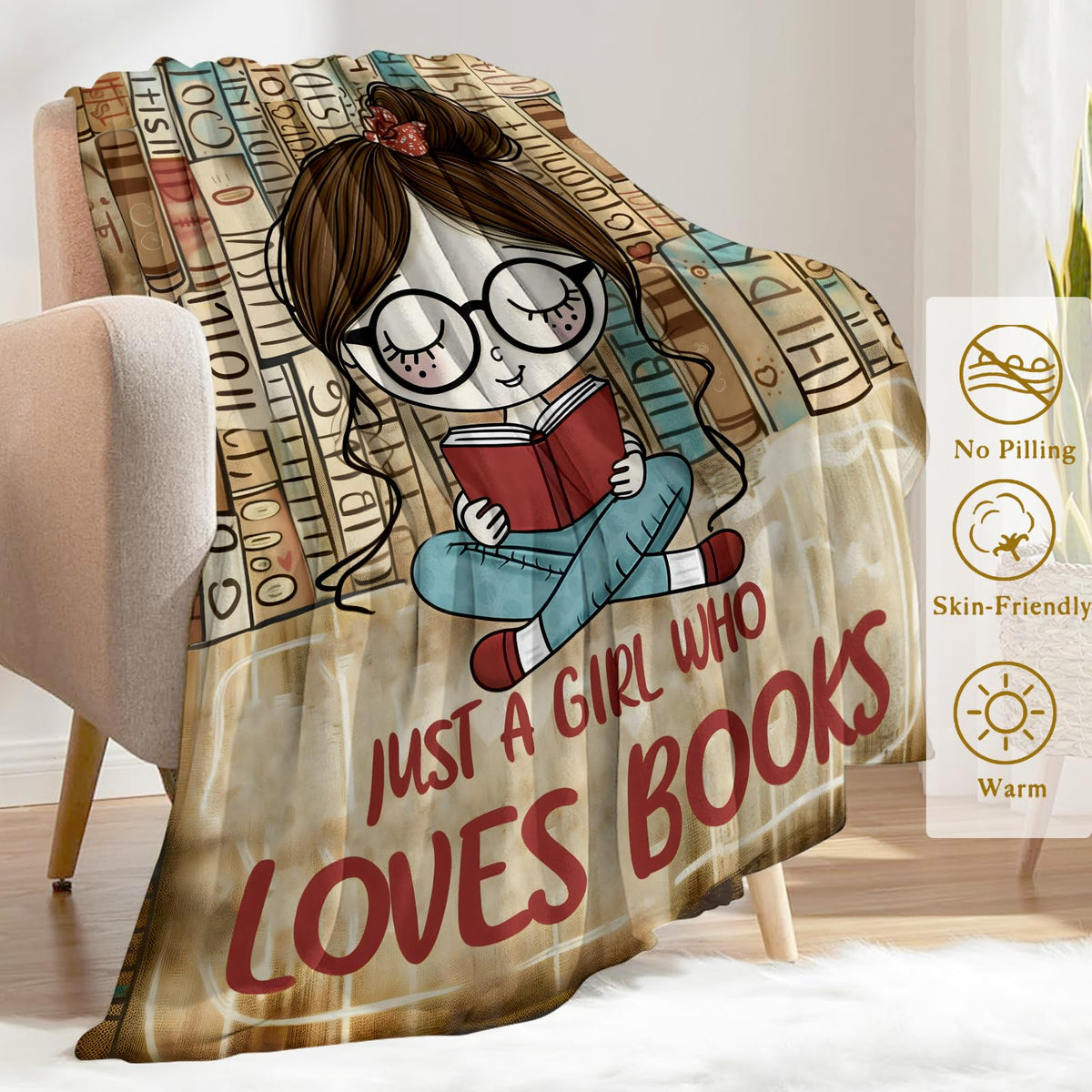 ainori Just a Girl Who Loves Books Flannel Blanket - Lightweight Soft Cozy Unique Gifts Blankets for Reader Lovers,Kids,Adult,Women, Cute Reading Nook Style Throw,Home Room Modern Decor 50x60in