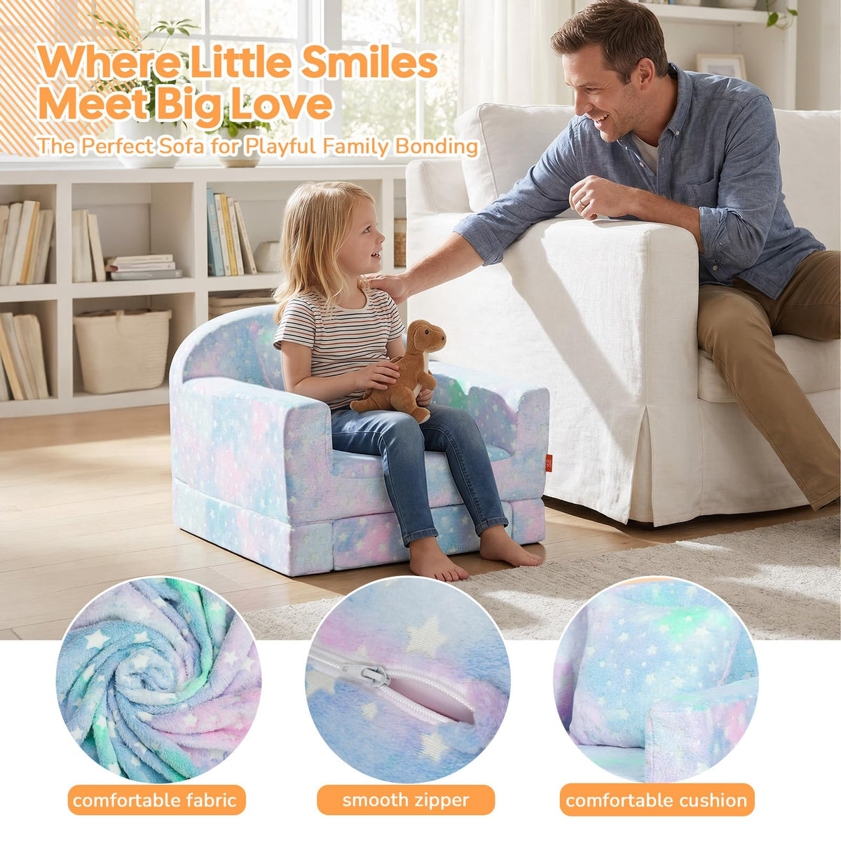 MeMoreCool Glowing Star Kids Chair, 2-in-1 Convertible Kids Couch Fold Out to Lounger, Glow-in-the-Dark Star Sofa for Boys Girls, Soft Foam Flip-Out Seat with Washable Cover
