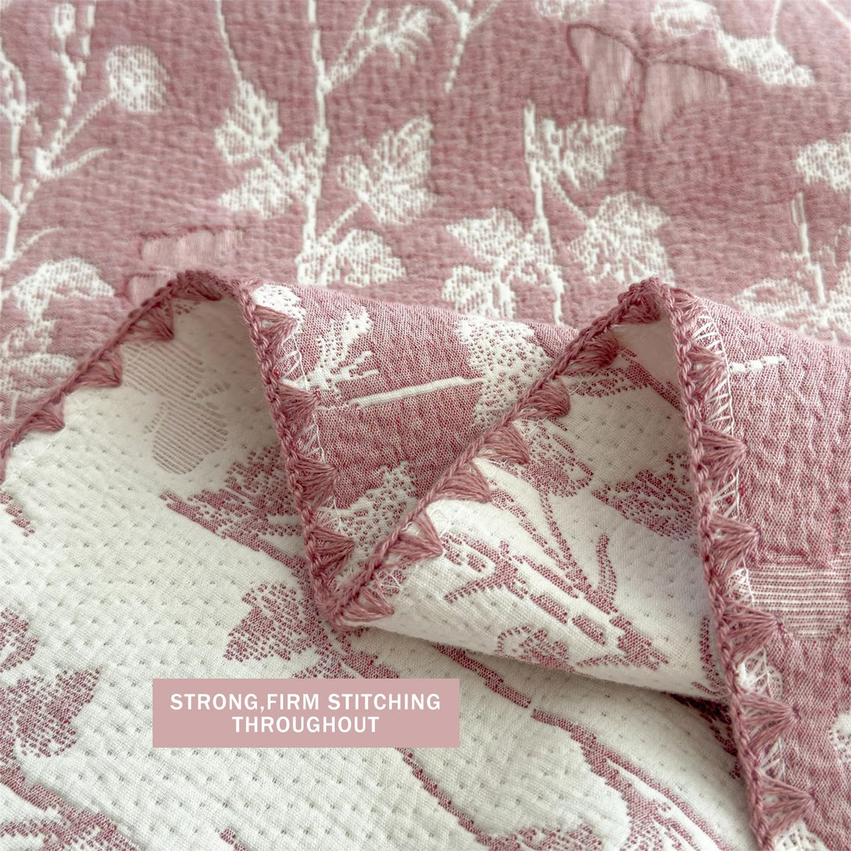 SANACYNA Cotton Muslin Blankets for Adults Leaves Pink Twin Size Quilt 3-Layer Reversible Lightweight Breathable Lap Throw Quilt for Sofa Couch Bed All Season RV (Leaves Pink, Twin 60 x 80 in)