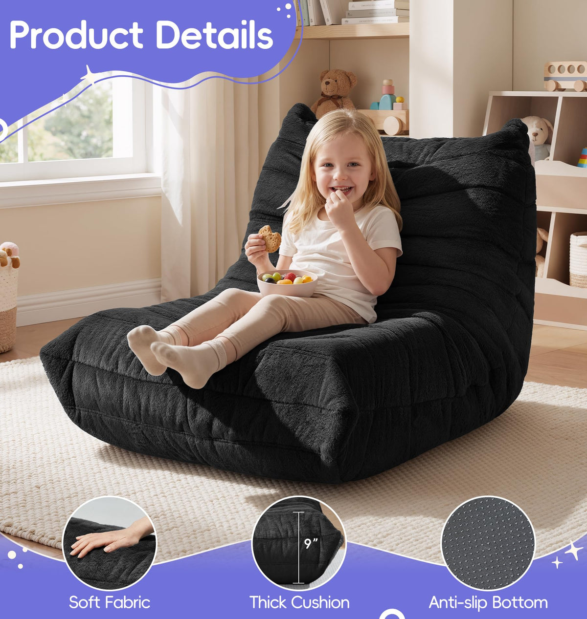 Hobestluk Bean Bag Chair for Kids Toddler Bean Bag Chair with Memory Foam Filler Beanbag with Spacious Design Bean Bag Couch for Reading Gaming Relaxing (Black, Small)