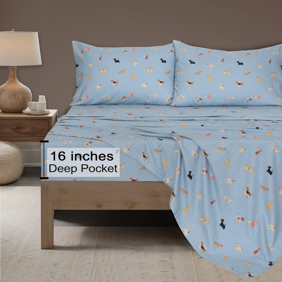 ZOYER Flannel Sheets Queen Size - 100% Cotton Double Brushed Bed Sheets, Deep Pockets 16 Inches Queen Sheet Set, All Seasons Breathable & Extra Soft - Warm & Cozy, 4 Piece, Puppy Pub
