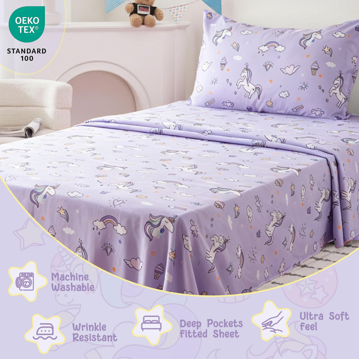 Bunnikins & Clover Unicorn Kids Sheet Set Twin Size, 3 Piece Soft Microfiber Twin Bed Sheets, Deep Pocket Unicorn Sheets Twin for Boys Girls