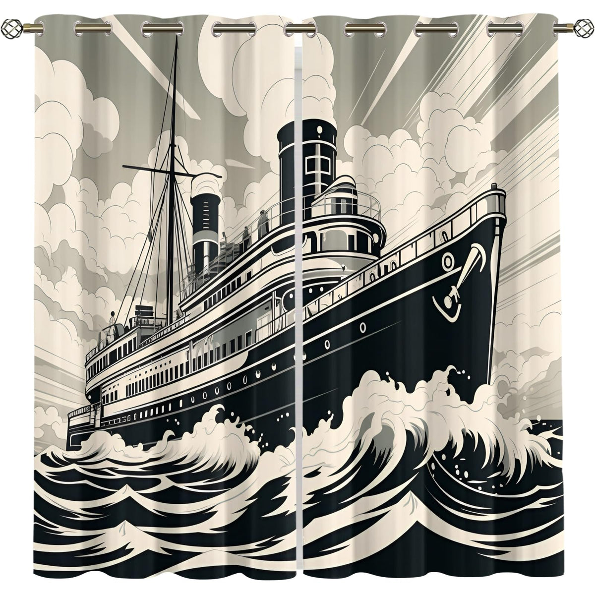 XAFIAUR Vintage Cruise Ship Blackout Curtains, Steamship Curtains for Living Room, Nautical Style Black Out Bedroom Curtain Thermal Insulated Grommet Drapes 2 Panels, for Boys Room 26" W x 63" L x2