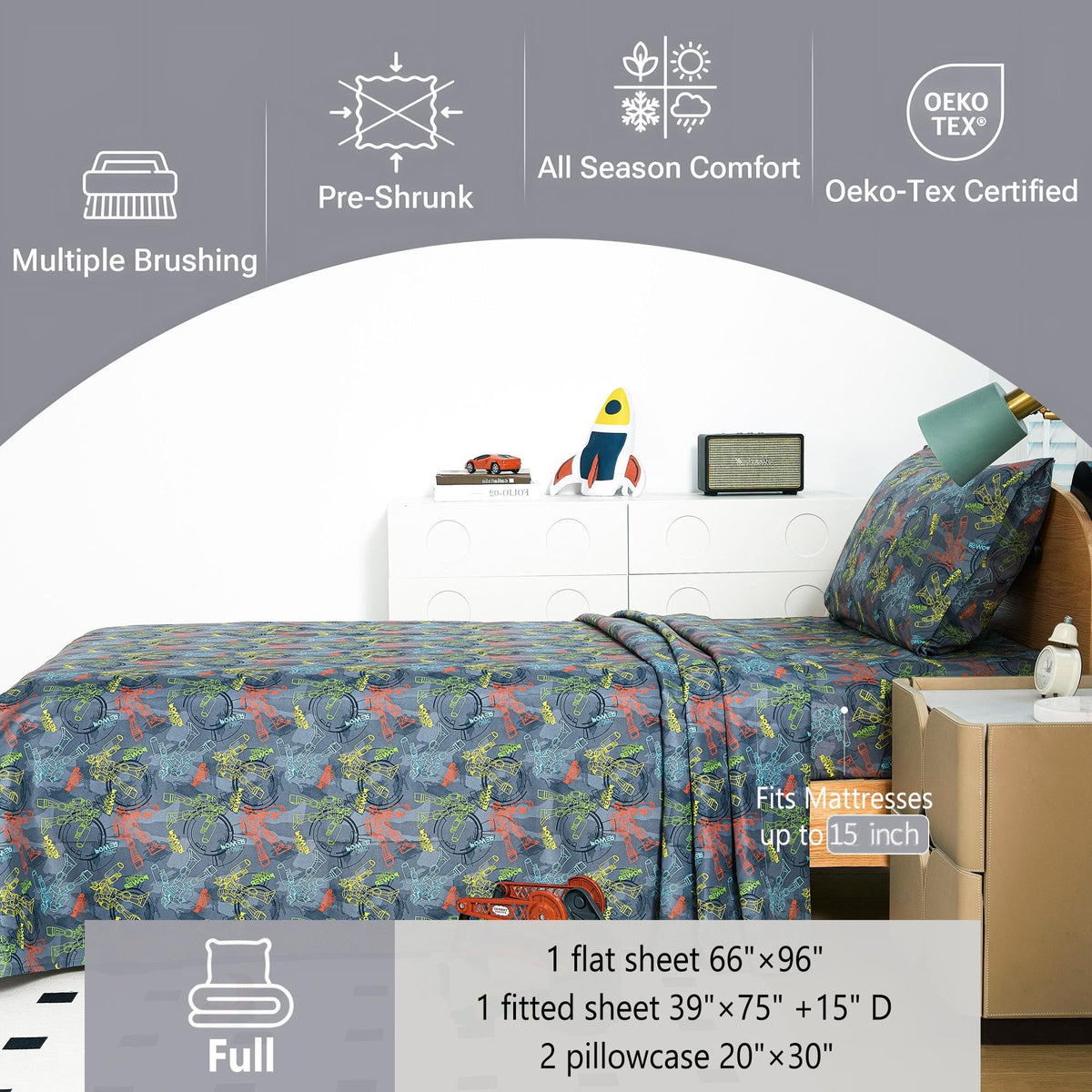 Softan Kids Bed Sheet Set, 4-Piece Full Size Sheets, Microfiber Fitted Sheet with 15 Inches Deep Pocket and Corner Straps, Breathable & Silky Soft Linear Robot Printed Sheet and Pillowcase Sets