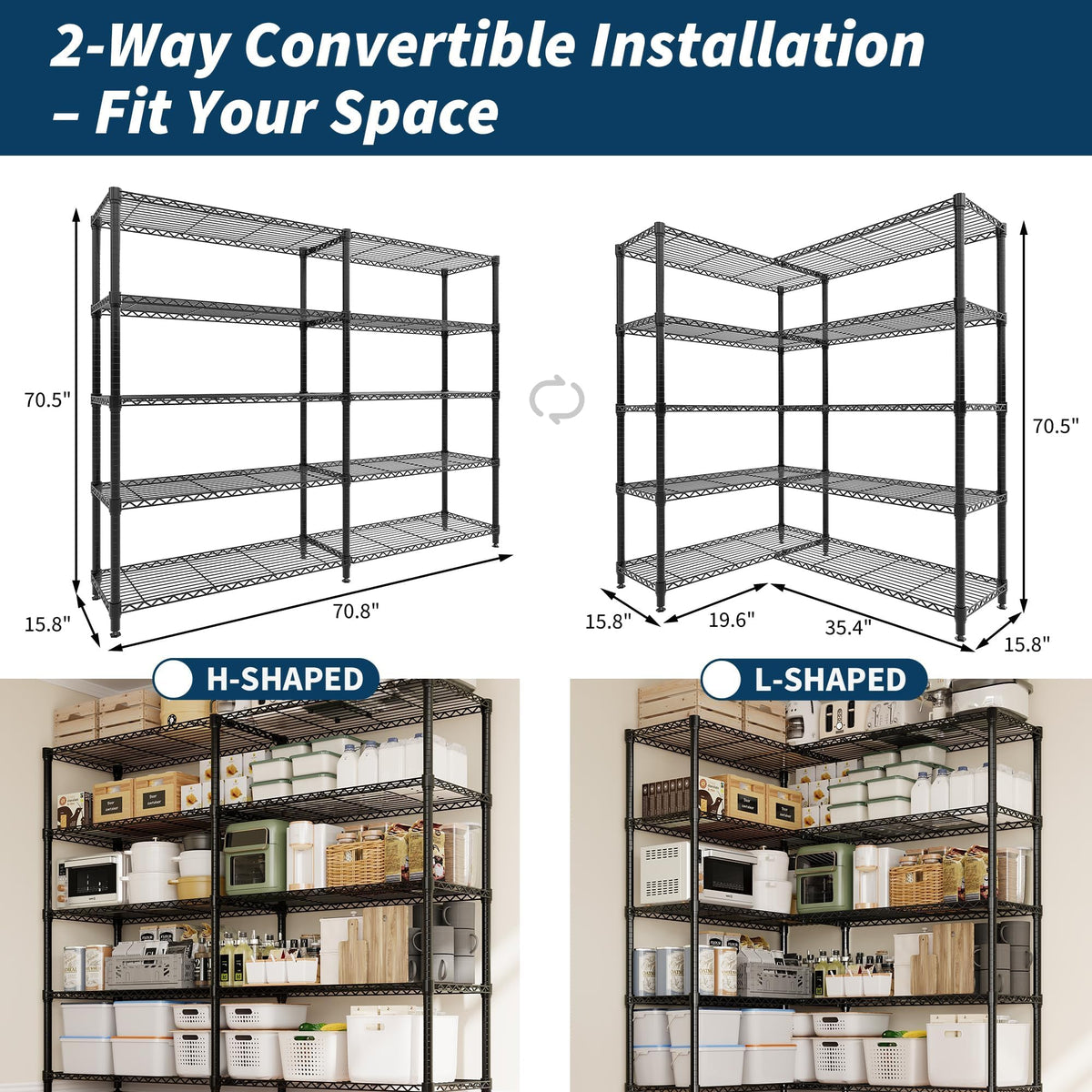 5-Shelf Heavy Duty Metal Storage Rack, 71" Wide Adjustable Wire Shelving with 1325 lbs Load Capacity, L-Shaped Design for Garage, Kitchen, Pantry, Basement, and Warehouse, 70.5" H x 15.8" D