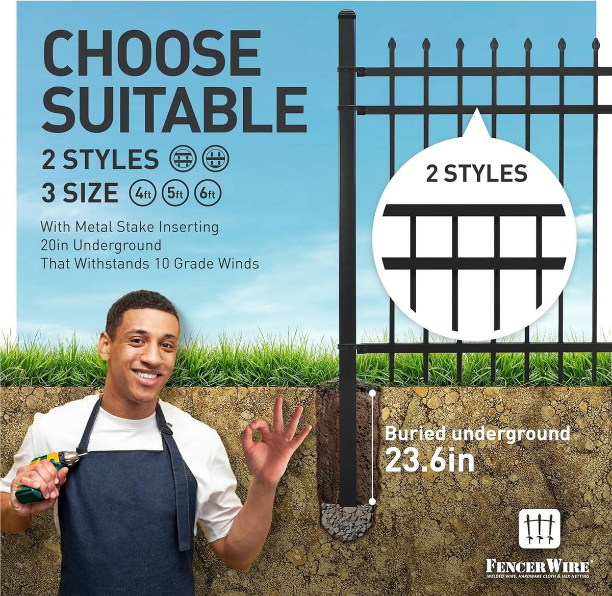Fencer Wire 100FT Heavy Duty Flat Top Fence Barrier Kit, Anti-Rust Metal Steel Fence with 5FT Height X 8FT Width Panels, with Pinnacle Gate, Posts, Connectors, Outdoor Fencing for Yard