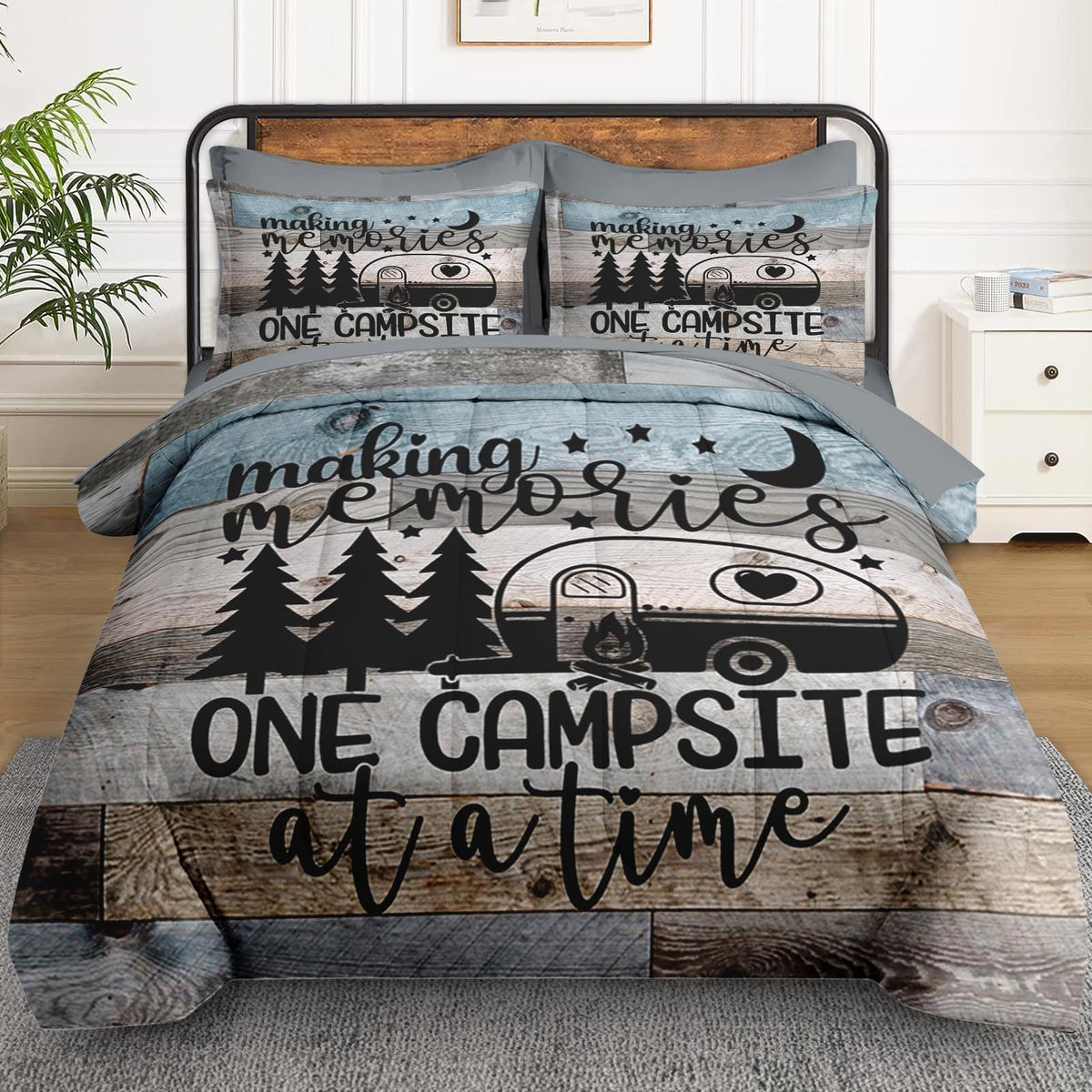 WeCozy 7 Pcs Queen Size Comforter Set with 2 Pillowcases & 2 Shams, Retro Wood Camp Camper Bedding Set for Kids and Adults, Inspirational Motivational Bed in a Bag with Flat Sheet and Fitted Sheet