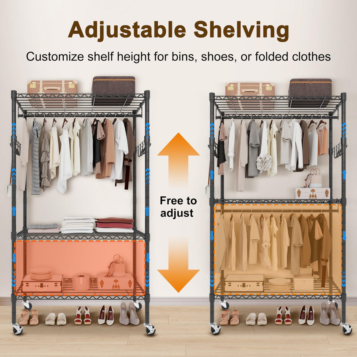 Whitmor 3 Tier Rolling Garment Rack, Heavy Duty Adjustable Metal Clothing Rack with Side Hooks, Double Rods & 360° Lockable Wheels, Max 600LBS for Hanging Clothes, 43" L x 18" W x 80" H, Black