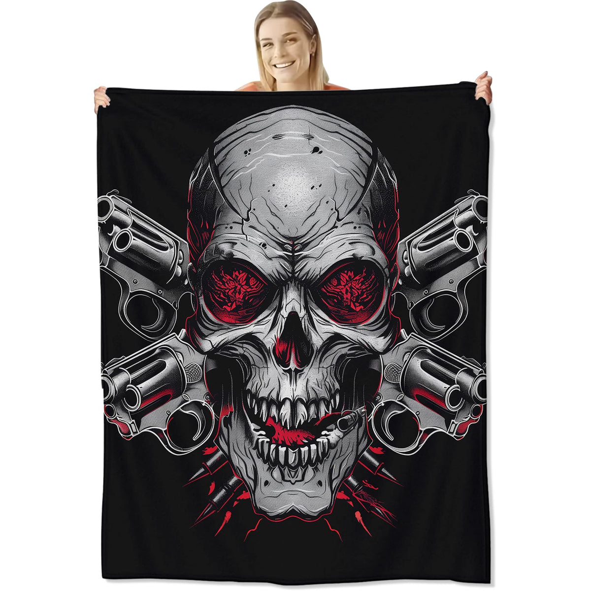 cromcu Skull Blanket for Kids and Adults, Flannel Skeleton Throw Blankets with Black Background for Sofa Couch Bed Living Room Halloween Decor Gifts, Single-Sided Printing, 50x60 Inches
